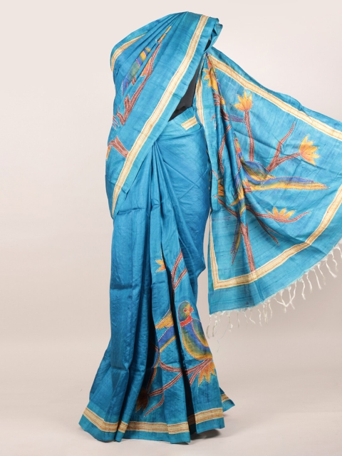 

Pothys Blue & White Patchwork Pure Silk Tussar Saree