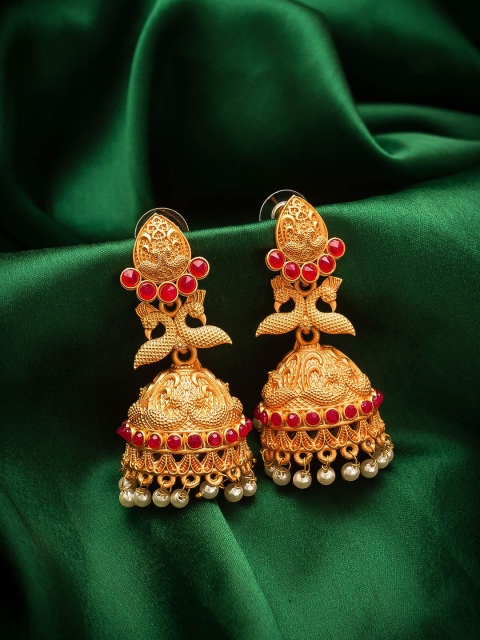 

aadita Gold-Plated & Red Dome Shaped Jhumkas Earrings