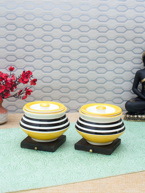 

WISHTANK Set Of 2 White & Yellow Striped Handcrafted Pickle Jars With Lids