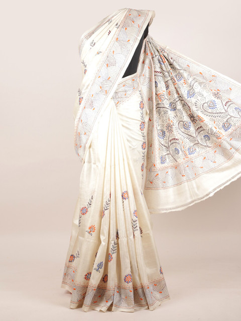 

Pothys Off White Floral Pure Silk Tussar Saree