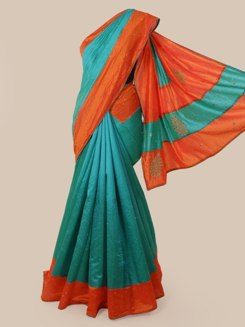 

Pothys Blue & Orange Embellished Beads and Stones Art Silk Heavy Work Saree