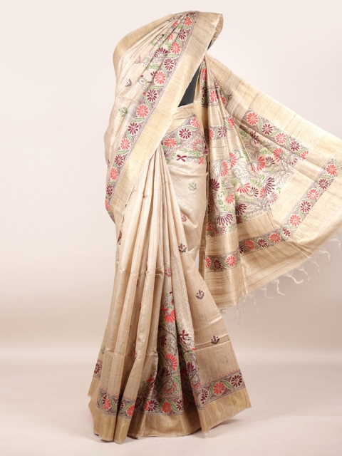 

Pothys Cream Floral Pure Silk Tussar Saree