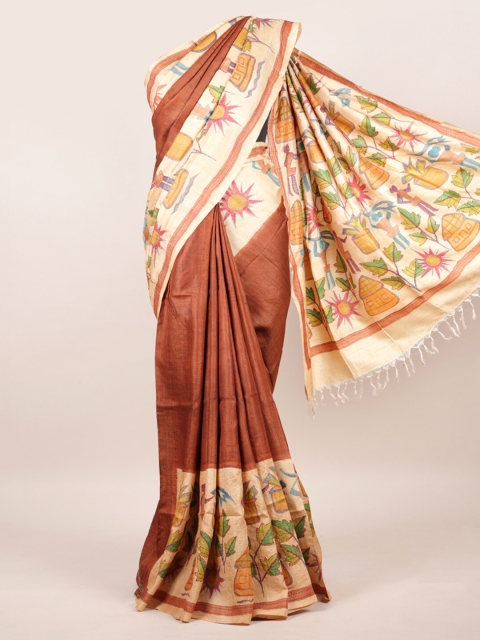 

Pothys Brown & Beige Patchwork Pure Silk Tussar Saree