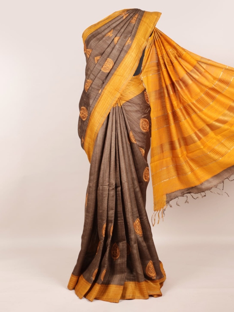 

Pothys Brown & Yellow Ethnic Motifs Pure Silk Tussar Saree