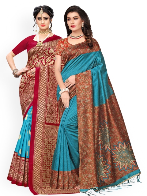 

KALINI Pack of 2 Blue & Red Woven Design Art Silk Saree