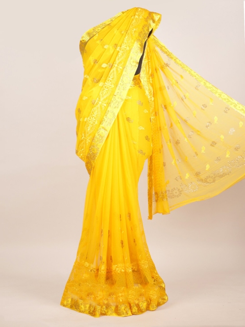 

Pothys Yellow Ethnic Motifs Embroidered Pure Chiffon Heavy Work Saree