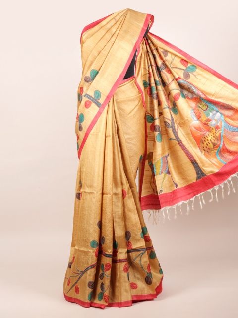 

Pothys Beige Ethnic Motifs Embroidered Pure Silk Heavy Work Tussar Saree