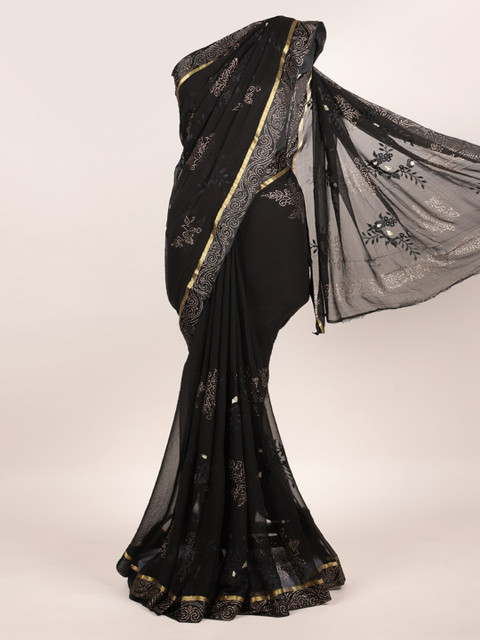 

Pothys Black Embellished Beads and Stones Pure Chiffon Heavy Work Saree