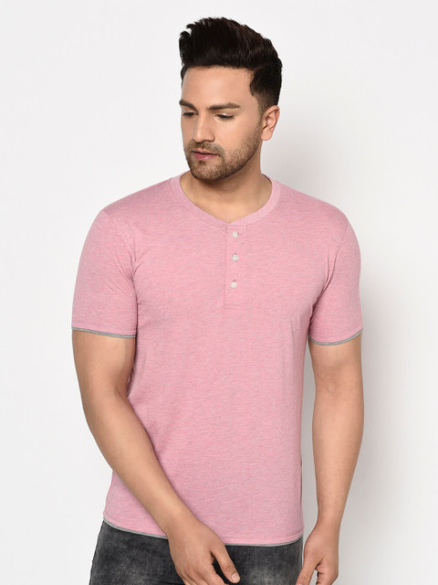 

ELEGANCE Men Pink Solid Henley Neck T-shirt