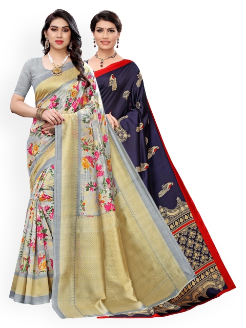 

KALINI Grey & Navy Blue Pack of 2 Ethnic Motifs Art Silk Sarees