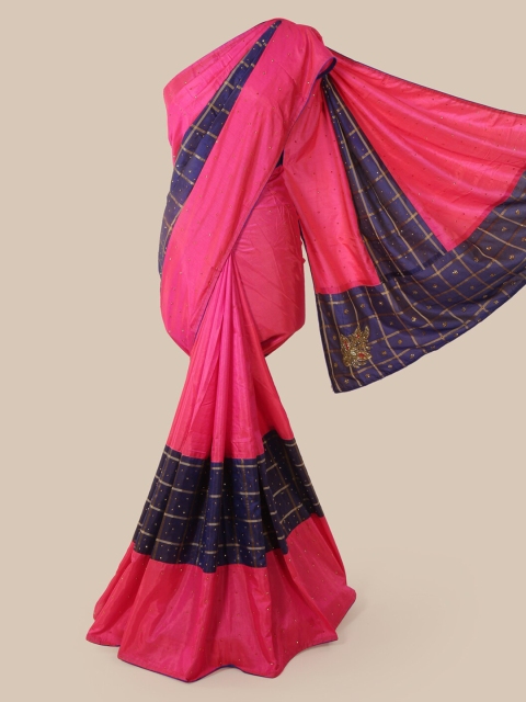 

Pothys Pink & Navy Blue Checked Beads and Stones Art Silk Saree