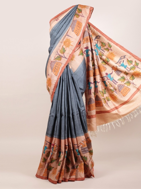 

Pothys Grey Floral Pure Silk Tussar Saree