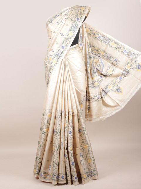 

Pothys Cream & Blue Woven Design Pure Silk Tussar Saree