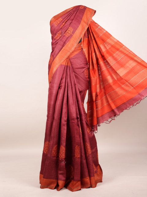 

Pothys Maroon Ethnic Motifs Pure Silk Tussar Saree