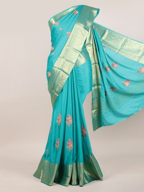 

Pothys Blue & Gold Floral Zari Pure Chiffon Saree