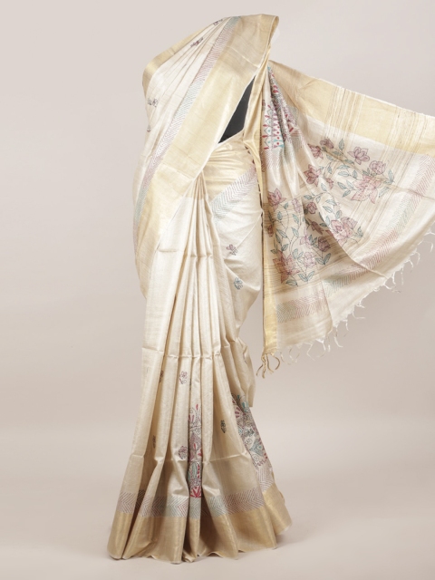 

Pothys Cream Pure Silk Tussar Saree