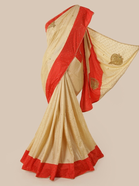 

Pothys Cream & Red Embellished Sequinned Art Silk Saree