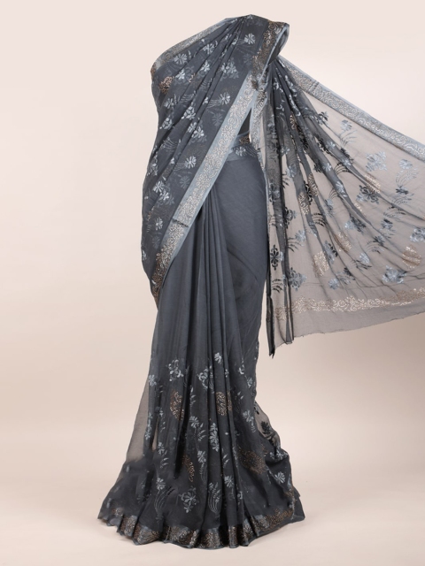 

Pothys Grey Ethnic Motifs Beads and Stones Pure Chiffon Saree