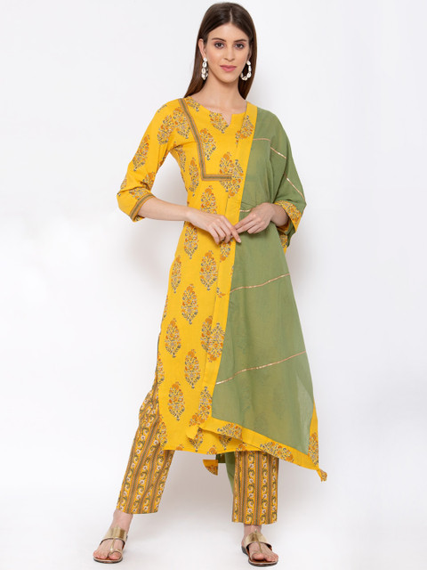

Yuris Women Yellow Ethnic Motifs Embroidered Tiered Pure Cotton Kurti with Trousers & With Dupatta