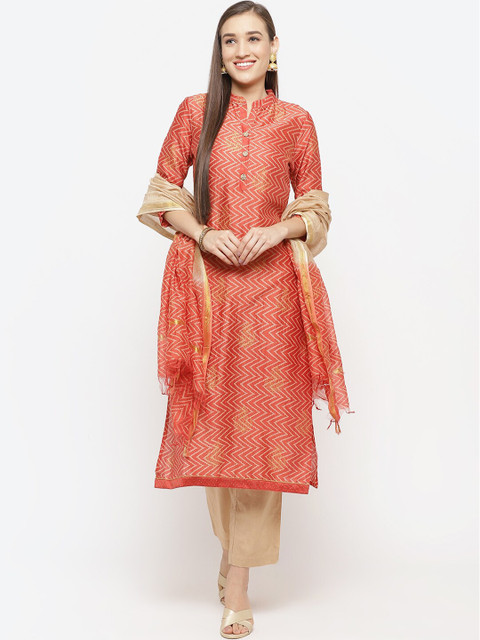 

Biba Coral Peach & Beige Printed Art Silk Unstitched Dress Material