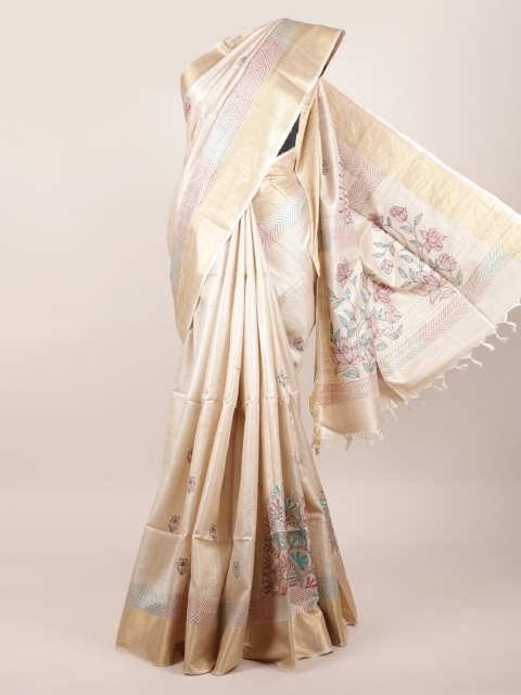 

Pothys Cream & Pink Ethnic Motifs Zari Pure Silk Tussar Saree