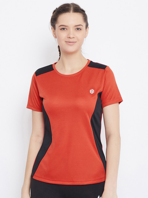 

Bishop Cotton Women Rust Red & Black Colourblocked T-shirt