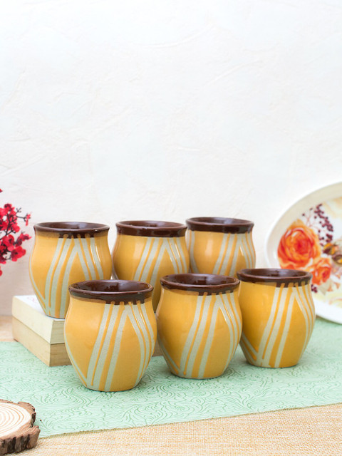 

WISHTANK Set of 6 Yellow & White Printed Ceramic Kulladhs
