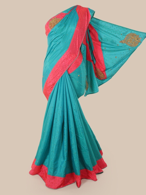 

Pothys Blue & Red Embellished Patchwork Art Silk Saree