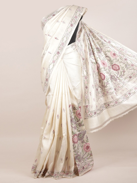 

Pothys Off White & Maroon Woven Design Pure Silk Tussar Saree