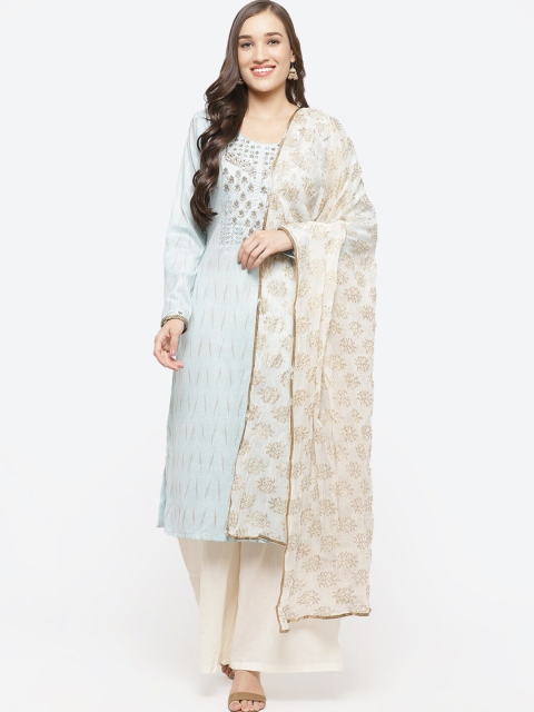 

Biba Women Blue & Off White Unstitched Kurta With Dupatta & Trouser