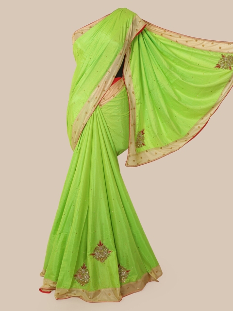 

Pothys Green & Red Embellished Patchwork Art Silk Saree