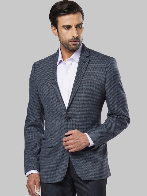 

Raymond Men Navy Blue & White Checkered Single-Breasted Formal Blazer
