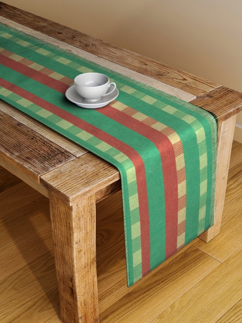 

NEUDIS Green & Red Striped Hand Woven Ribbed Cotton Table Runners