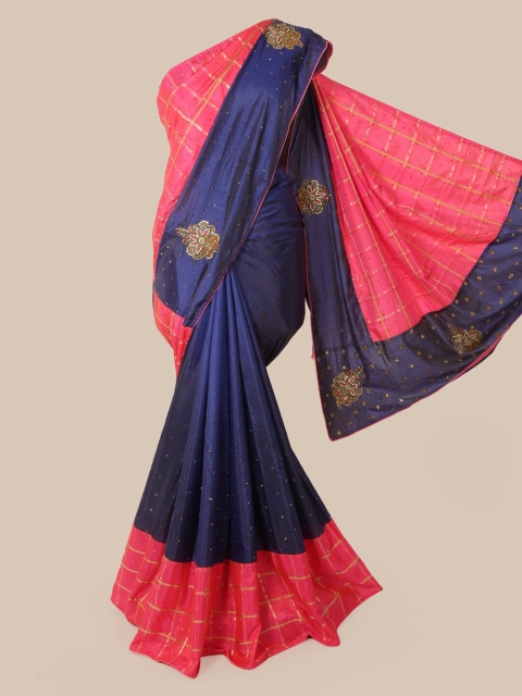 

Pothys Navy Blue & Pink Colourblocked Beads and Stones Art Silk Heavy Work Saree