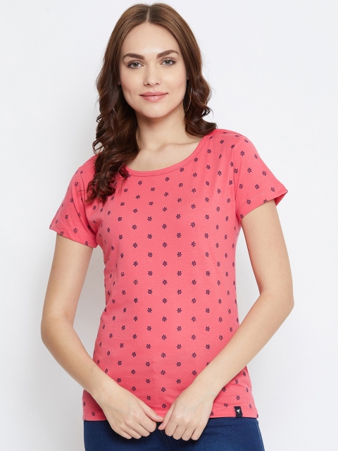 

NEVA Coral Pink & Navy Blue Floral Cotton Regular Top