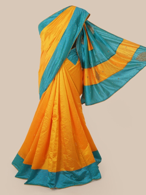

Pothys Yellow & Blue Beads and Stones Art Silk Heavy Work Saree