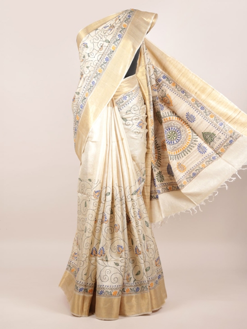 

Pothys Cream Ethnic Motifs Embroidered Pure Silk Heavy Work Tussar Saree