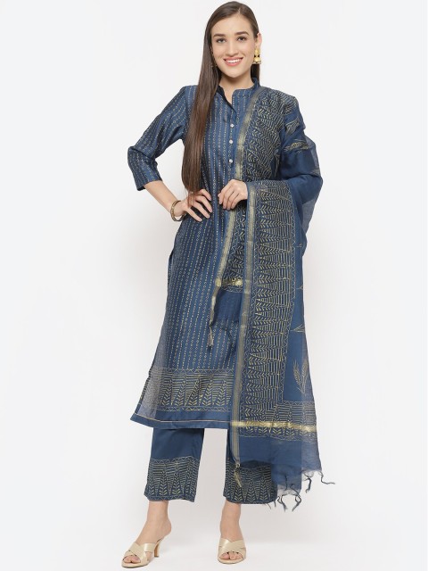 

Biba Navy Blue & Gold-Toned Printed Art Silk Unstitched Dress Material