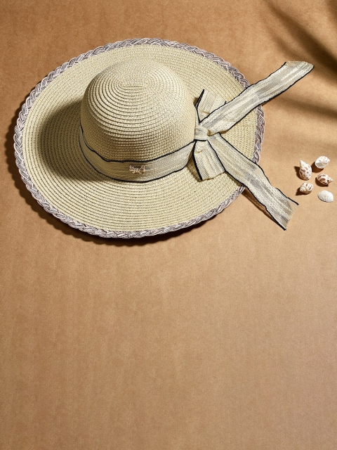 

ToniQ Women Beige Wide Brim Ribbon Knotted Summer Beach Hats