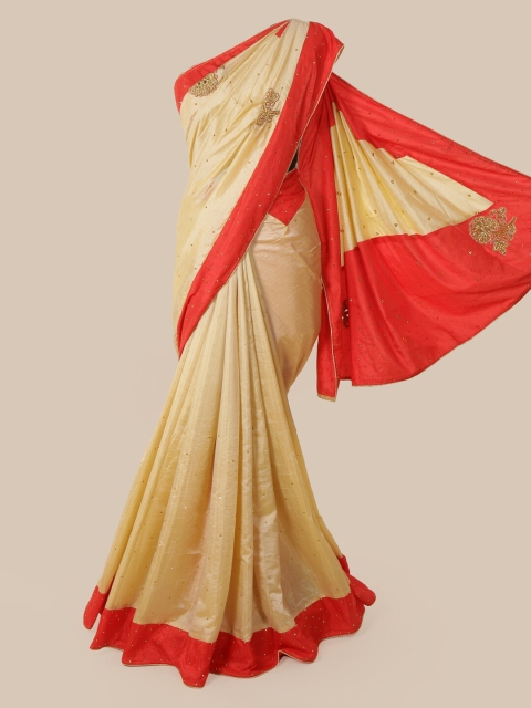 

Pothys Cream & Red Beads and Stones Art Silk Heavy Work Saree