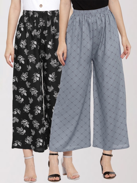 

KLOTTHE Women Pack of 2 Grey & Black Floral Printed Palazzos