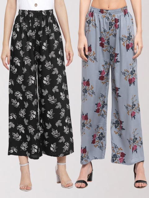 

KLOTTHE Women Pack Of 2 Grey & Black Floral Printed Palazzos