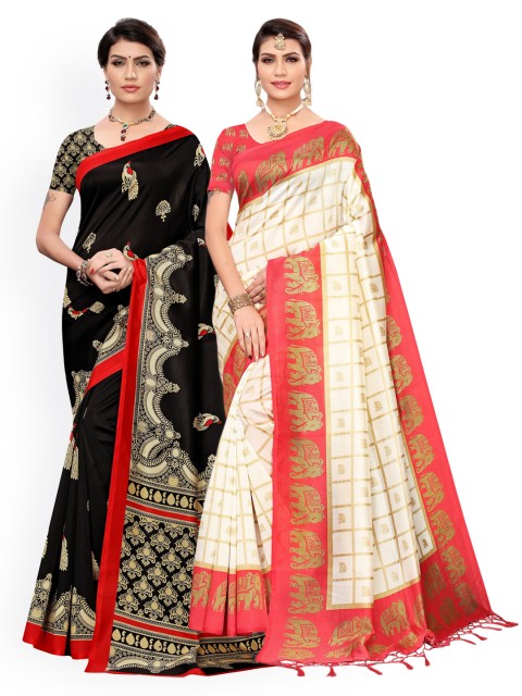 

KALINI Pack Of 2 Red & Off White Ethnic Motifs Art Silk Saree
