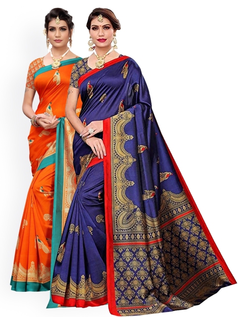 

KALINI Pack Of 2 Orange & Blue Ethnic Motifs Art Silk Sarees
