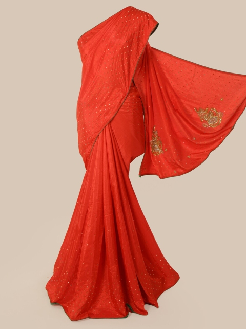 

Pothys Red & Green Embellished Beads and Stones Art Silk Heavy Work Saree
