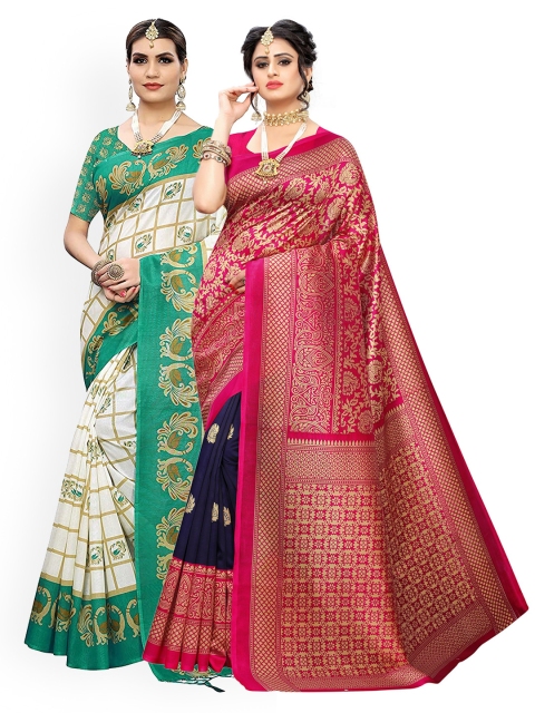 

KALINI Pack of 2 Green & Pink Woven Design Art Silk Saree