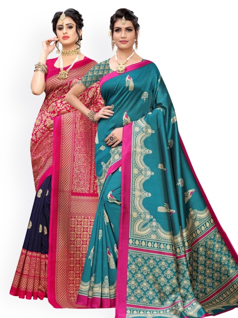 

KALINI Sea Green & Navy Blue Pack of 2 Ethnic Motifs Zari Art Silk Sarees