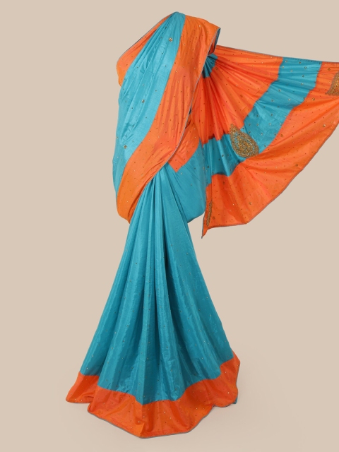

Pothys Blue & Orange Embellished Sequinned Art Silk Saree