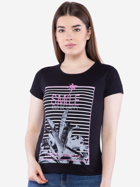 

NEVA Women Black & Pink Pure Cotton Regular Top