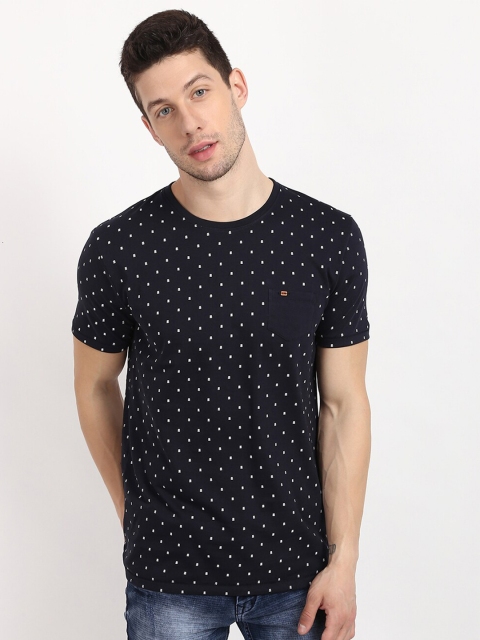 

V2 Value & Variety Men Navy Blue & White Polka Dots Printed T-shirt